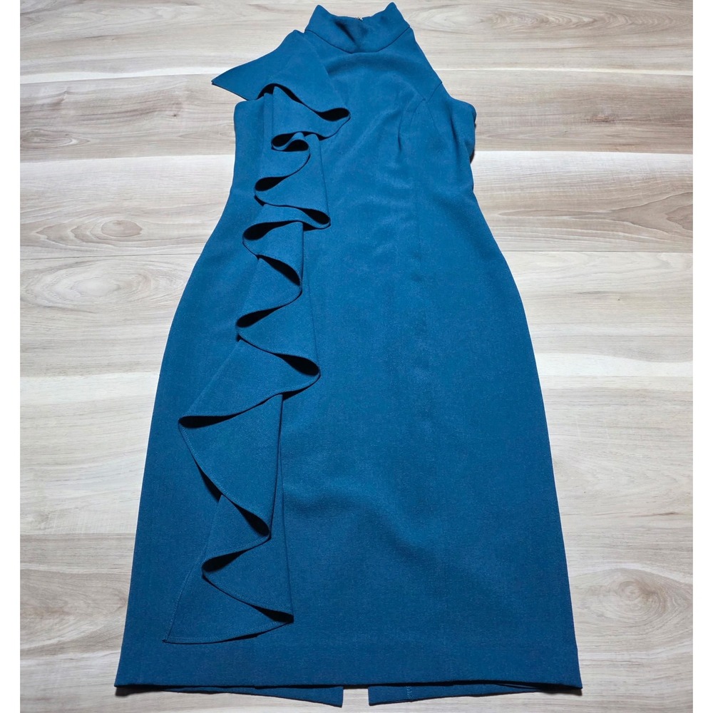 Eliza J Ruffle Sheath Dress Womens 2 Teal Blue Mock Neck Sleeveless Cocktail